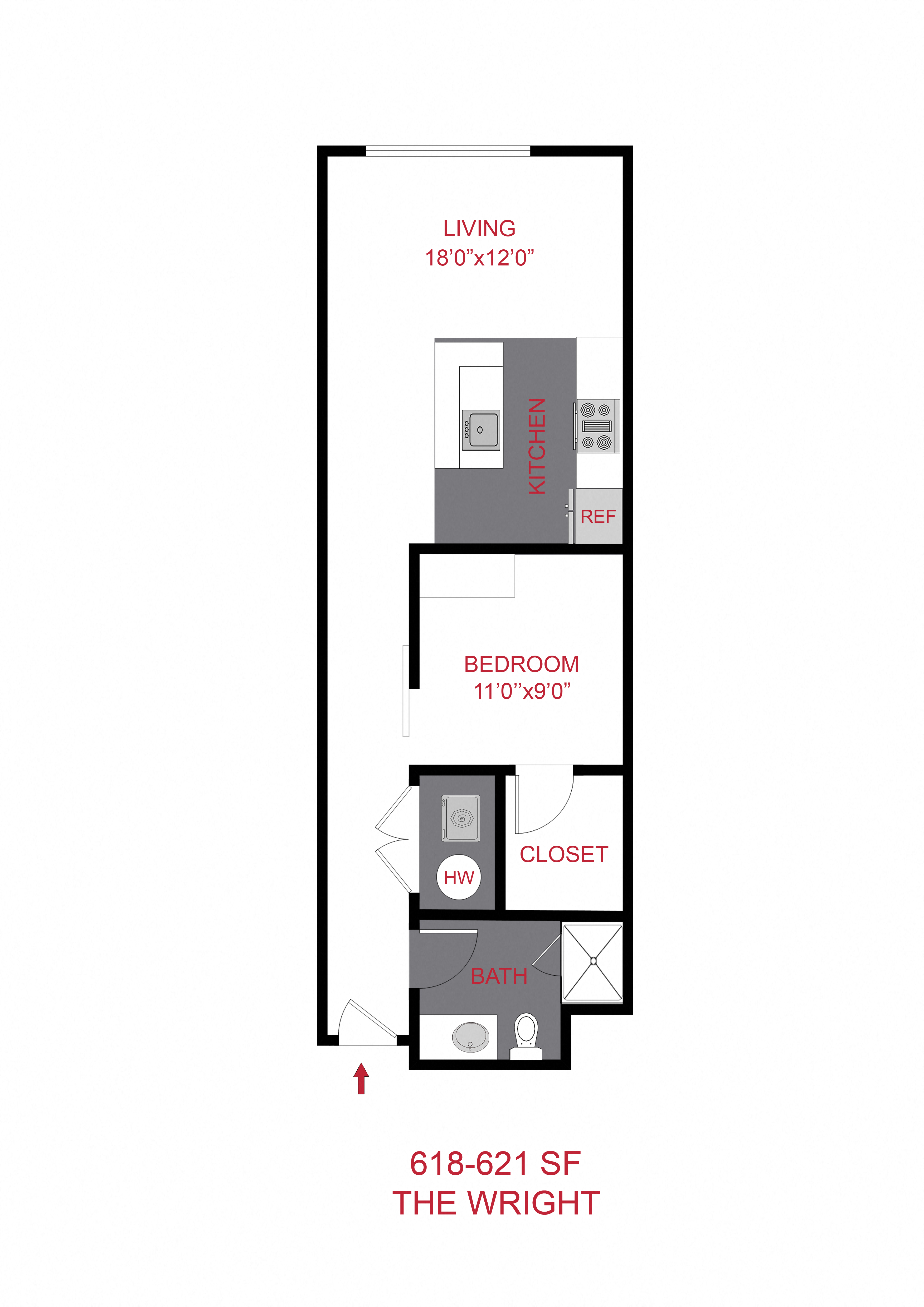Floor plan for 1 bed, 1 bath, 619 sqft